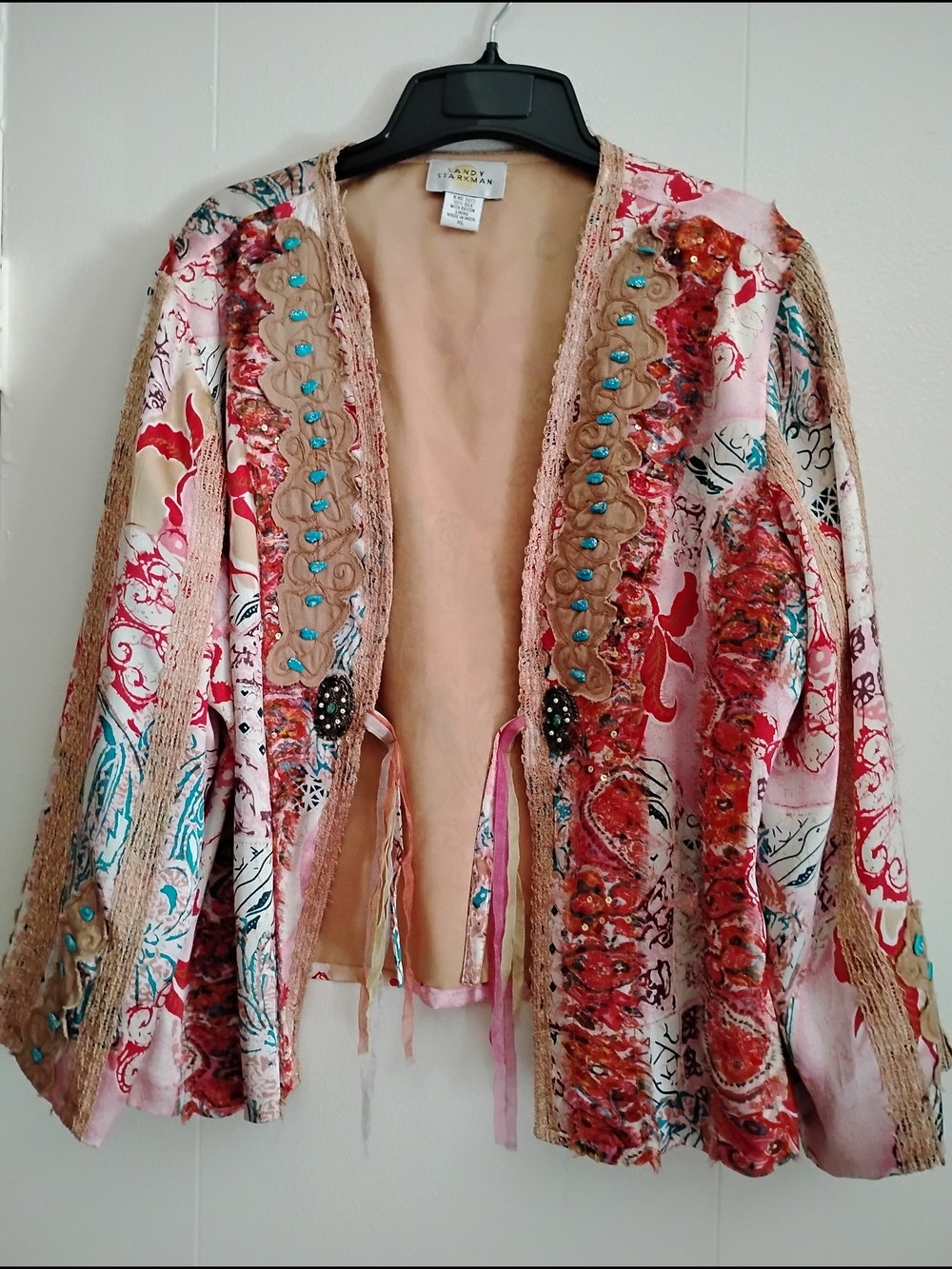 100% Silk Red & Multi Embellished Open-Front Cardigan Jacket And Tank Top - Picture 5 of 6